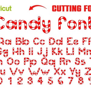 May include: A red and white candy cane-style font, including uppercase and lowercase letters, and numbers 0-9. The word "Candy Font" is displayed in the same style. The Cricut logo is in the upper left corner, and the words "CUTTING FONT" are above the font.