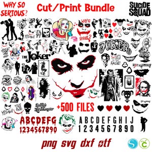 May include: A digital cut file bundle featuring over 500 black and white images of the Joker from the Suicide Squad movie. The images include the Joker's face, the Joker's iconic smile, the Joker's playing card, and the text "Why so serious?" The bundle also includes the letters of the alphabet and numbers 0-9.