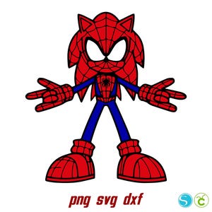 May include: A red and blue cartoon character with a spider web design on its chest and a red and black spider web design on its head and arms. The character is standing with its arms outstretched.