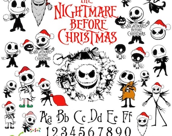 Op de afbeelding: Een verzameling zwart-wit illustraties en tekstelementen van "The Nightmare Before Christmas". Bevat verschillende karakterafbeeldingen, de titel in het rood en een lettertype. De afbeelding bevat ook de bestandstypen: SVG, DXF, PNG en OTF.