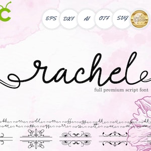 Può includere: Design digitale con la parola "rachele" in un carattere script scorrevole. L'immagine include icone di tipo di file ed elementi decorativi, il tutto su uno sfondo morbido in stile acquerello con accenti floreali.