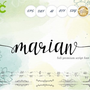 Può includere: Un design digitale con la parola "marian" in un elegante carattere corsivo nero. Sotto, si legge "full premium script font". Include icone dei formati file: EPS, DXF, AI, OTF, SVG e un badge "Limited Edition".