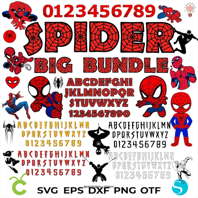 Puede incluir: Un paquete de clipart digital con un alfabeto, n&uacute;meros y una variedad de personajes de ara&ntilde;a con tem&aacute;tica de ara&ntilde;a roja y negra. El texto "SPIDER BIG BUNDLE" se muestra en letras grandes y en negrita.