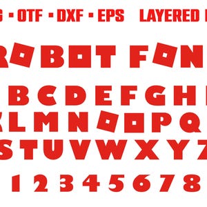 Puede incluir: Letras y números rojos de la fuente "ROBOT FONT" sobre un fondo blanco. La fuente incluye letras mayúsculas A-Z y números 0-9. La imagen también incluye los tipos de archivo: SVG, OTF, DXF, EPS y las palabras "LAYERED FILE".