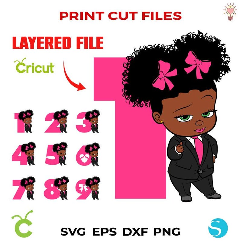 May include: A layered digital file for a Cricut cutting machine featuring a cartoon illustration of a Black girl with pink bows in her hair wearing a black suit and a pink tie. The file includes numbers 1 through 9 with the same girl in different poses. The text "PRINT CUT FILES" and "LAYERED FILE" are at the top of the image. The text "SVG EPS DXF PNG" is at the bottom of the image.