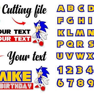 Puede incluir: Un archivo de corte digital con el texto "Cutting file", un personaje de Sonic the Hedgehog y un alfabeto completo y números en un diseño amarillo y azul. La imagen también incluye el texto "YOUR TEXT", "MIKE" y "3 BIRTHDAY".