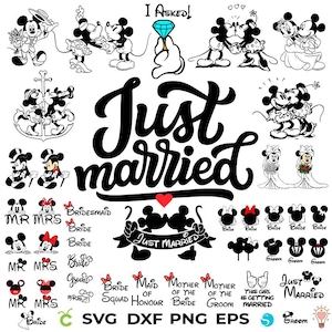 Recién casados Svg, paquete de Mickey Svg, paquete de boda SVG, decoración de boda Minnie Svg, anillos de boda Svg, clipart de boda svg, boda png