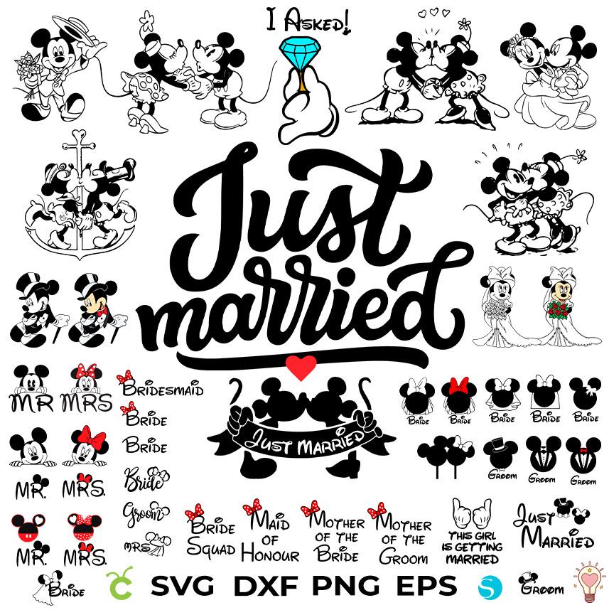 Just Married Svg, Mickey Svg Bundle Wedding SVG Bundle, Minnie Svg Wedding Decor Svg, Wedding Rings Svg, Wedding clipart svg, Wedding png