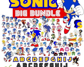 May include: A large digital download bundle of Sonic the Hedgehog characters in various poses. The bundle includes SVG, EPS, DXF, PNG, and OTF file formats. The text "Sonic Big Bundle" is displayed in large, bold letters at the top of the image.