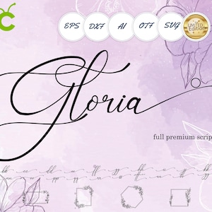 Può includere: Un design digitale con la parola "Gloria" in elegante script nero. Il design include icone di formato file e il testo "full premium script font" su uno sfondo acquerello viola tenue con accenti floreali.