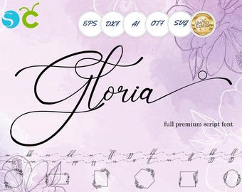 May include: A digital design featuring the word "Gloria" in elegant black script. The design includes various file format icons and the text "full premium script font" on a soft purple watercolor background with floral accents.