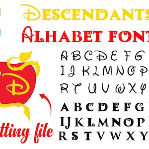 May include: A digital design featuring the word "Descendants" in yellow, "ALHABET FONT" in red, and two alphabet sets. One set is in a whimsical style, and the other is a bold, serif font. A red apple with a bite taken out of it is also featured.