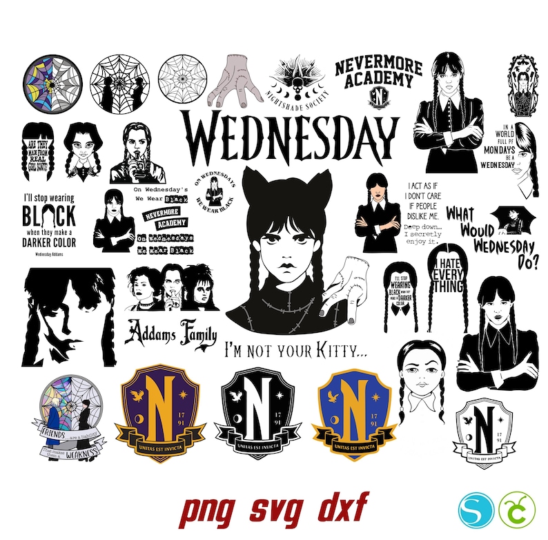 May include: A collection of digital cut files featuring Wednesday Addams from the Addams Family. The files include images of Wednesday, her iconic braids, the Addams Family crest, and quotes from the show. The text includes "Nevermore Academy", "I'm not your kitty", and "What would Wednesday do?"