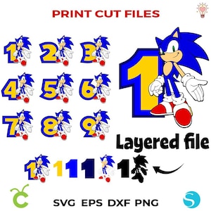 Sonic Svg, verjaardagsnummers Png Print, Sonic PNG-nummer SVG Clipart gelaagde nummers Cricut Svg Sonic verjaardagsshirt svg Babyshirt Diy Svg