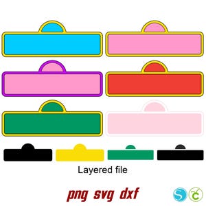 Op de afbeelding: Een gelaagd SVG-bestand voor een Sesame Street-bord. Het bord is geel met een groene, rode, roze en blauwe achtergrond. Het bord heeft een afgeronde bovenkant met een kleine cirkel in het midden. Het bestand is beschikbaar in de formaten PNG, SVG en DXF.