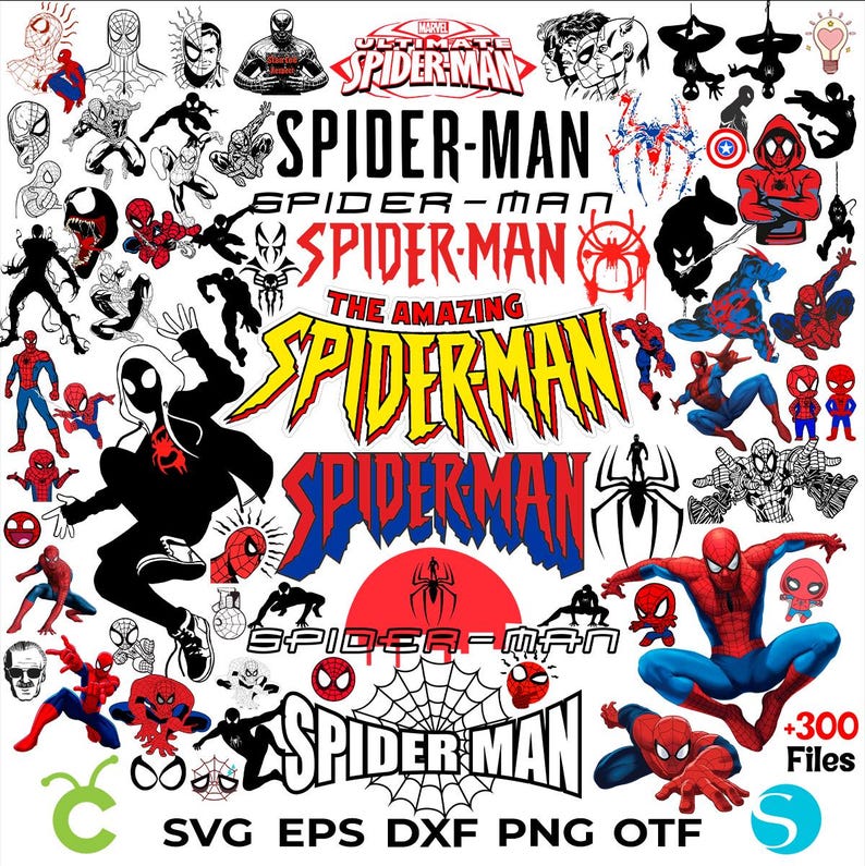 Puede incluir: Una descarga digital de m&aacute;s de 300 archivos SVG, EPS, DXF, PNG y OTF con varios dise&ntilde;os de Spider-Man. Los dise&ntilde;os incluyen diferentes versiones del logotipo de Spider-Man, personajes y patrones de telara&ntilde;a en rojo, negro y blanco.