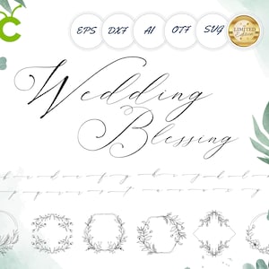 Può includere: Un design digitale con le parole "Wedding Blessing" in elegante scrittura. L'immagine include un alfabeto completo in un carattere delicato, insieme a disegni di ghirlande floreali e icone di tipo di file. È presente anche un sigillo d'oro in edizione limitata.