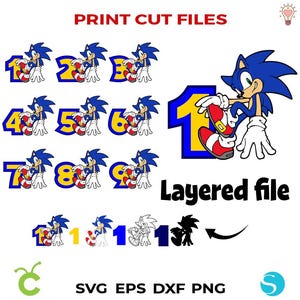 Sonic Svg compleanno numeri Png stampa Sonic camicia Png numeri SVG numeri a strati Cricut Svg Baby camicia fai da te compleanno Sonic PNG Sonic Cricut