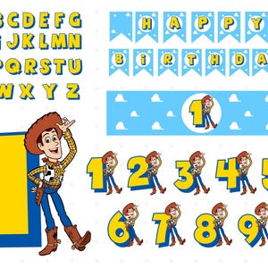 May include: A collection of birthday-themed graphics featuring the character Woody from Toy Story. Includes the alphabet, numbers 1-9, and a banner that reads "Happy Birthday". The color scheme is blue, yellow, and brown.