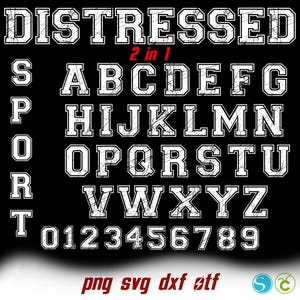 May include: Distressed white alphabet letters and numbers in a varsity style font on a black background. The text "2 in 1" is above the letters. The text "png svg dxf stf" is below the letters. The letters are in a distressed style with a white outline.