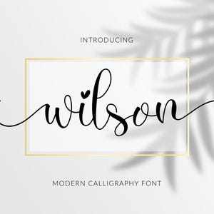 Può includere: Uno sfondo bianco con la parola "wilson" in elegante corsivo nero, all'interno di una cornice rettangolare dorata. I testi "INTRODUCING" e "MODERN CALLIGRAPHY FONT" sono sopra e sotto il nome. Un'ombra di foglie è sullo sfondo.