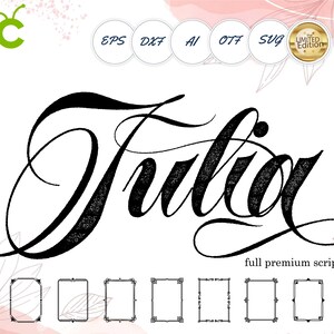 Pode incluir: Um design de fonte de script preto com o nome "Julia" em um estilo fluido e elegante. A imagem inclui vários ícones de tipo de arquivo e opções de moldura decorativas. O texto "full premium script font" também está presente.