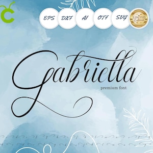 May include: A digital design showcasing the name "Gabriella" in stylish black script, described as a "premium font." The design includes file format icons and a "Limited Edition" badge, set against a blue watercolour background.