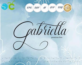 May include: A digital design featuring the name "Gabriella" in elegant black script, labeled as a "premium font." The design includes various file format icons and a "Limited Edition" badge, set against a watercolor-style blue background.