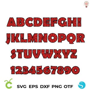 Puede incluir: Alfabeto y n&uacute;meros rojos y negros con un dise&ntilde;o de telara&ntilde;a. Las letras est&aacute;n en may&uacute;sculas y los n&uacute;meros est&aacute;n en una fuente est&aacute;ndar.