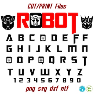 Può includere: Un design digitale con la parola "ROBOT" in rosso, accompagnata da grafiche di teste di robot. Sotto, un alfabeto completo e i numeri 1-0 sono visualizzati in nero, con un font a blocchi. Il design include notazioni di tipo di file.