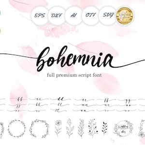 May include: A white background featuring the word "bohemnia" in a black script font. The image showcases font letter examples and floral designs. File type icons and the text "full premium script font" are also present.