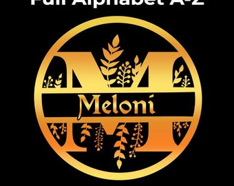 May include: Gold monogram featuring the letter M and the name Meloni, surrounded by floral designs. The monogram is within a circle.