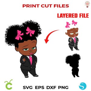 May include: A digital illustration of a cartoon baby girl wearing a black suit with a pink tie and pink bows in her hair. The image is layered for easy cutting and printing.