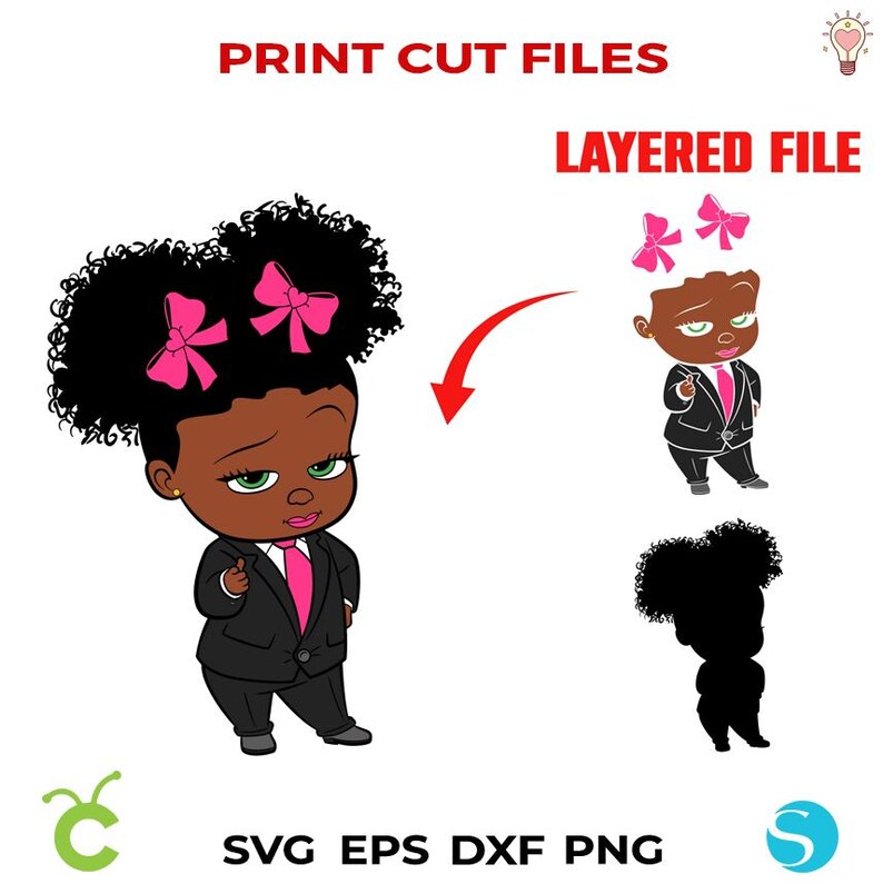 May include: A digital illustration of a cartoon baby girl wearing a black suit with a pink tie and pink bows in her hair. The image is layered for easy cutting and printing.