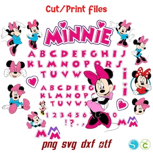 Paquete de SVG de Minnie, Letras de cumpleaños de Minnie SVG para Cricut, Letras de Minnie SVG, Minnie SVG PNG, Números PNG SVG, Camiseta de bebé DIY, Minnie SVG PNG