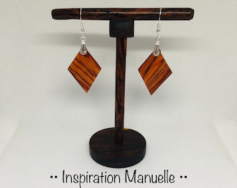 “CocoboLosange” earrings made from Central American Cocobolo Rosewood.