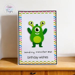 Green Monster Birthday Card, Legs Swing, Handmade Birthday Card featuring a Cute Green Monster | 467