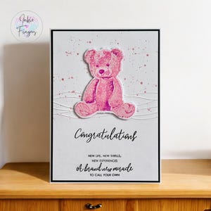 Baby Girl Card, Handmade New Baby Girl Card, Hand Stamped Pink Teddy Bear | 280