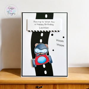 Personalised Handmade Birthday Card featuring a Racing Car Driver | Racing to Wish You a Happy Birthday | Hand Stamped and Coloured | 117