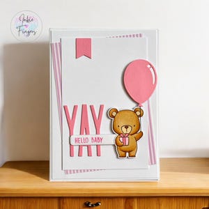 Baby Girl Card, Handmade New Baby Girl Card, Hand Stamped and Hand Coloured Cute Bear holding a Gift and Pink Balloon | 096