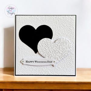 Handmade Wedding Card featuring Black and White Love Hearts, Happy Wedding Day, Square or Slimline | 092