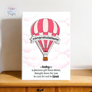 Baby Girl Card, Handmade New Baby Girl Card, Hand Stamped Pink Hot Air Balloon | 378