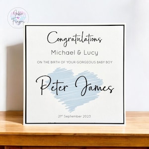 Baby Boy Card, Handmade Personalised New Baby Boy Card with Name and Date of Birth, Baby Boy Congratulations, Blue Love Heart | 324