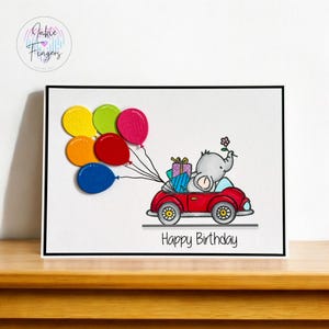 Handmade Birthday Card Featuring an Elephant Driving a Car with Balloons, Can be Personalised | 235