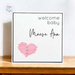 Baby Girl Card, Handmade Personalised New Baby Girl Card with Name and Date of Birth, Welcome Baby Girl, Pink Love Heart | 325