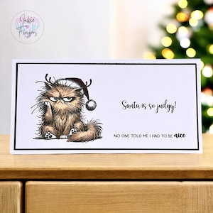 May include: A white greeting card with a black border features a grumpy cartoon cat wearing a Santa hat. The text reads "Santa is so judgy!" and "NO ONE TOLD ME I HAD TO BE nice". The cat is brown and has an angry expression.