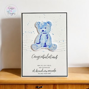 Baby Boy Card, Handmade New Baby Boy Card, Hand Stamped Blue Teddy Bear | 281