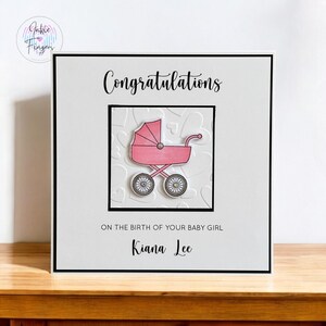 Baby Girl Card, Personalised and Handmade New Baby Girl Card featuring Hand Stamped and Coloured Pink Pram, Congratulations Baby Card | 134