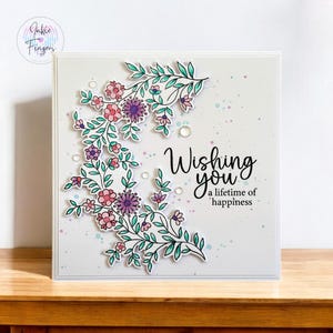 Handmade Wedding Card, Hand Stamped and Coloured Floral Vine Flowers, Wishing You a Lifetime of Happiness, Floral Wedding Card | 048