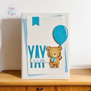 Baby Boy Card, Handmade New Baby Boy Card, Hand Stamped and Hand Coloured Cute Bear holding a Gift and Blue Balloon | 096